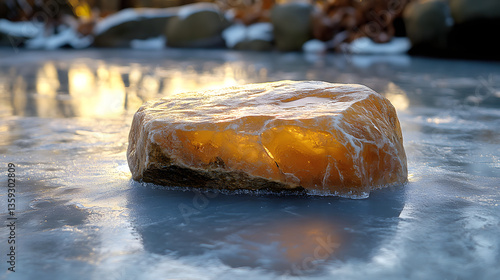 Obraz na płótnie Golden Stone Amidst the Frozen Lake: A captivating image of a golden-hued stone, exuding a warm internal glow, placed upon a frozen lake. w salonie