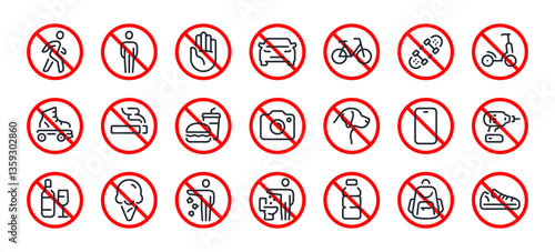 Prohibited and forbidden editable stroke outline icons set isolated on white background flat vector illustration. Pixel perfect. 64 x 64.