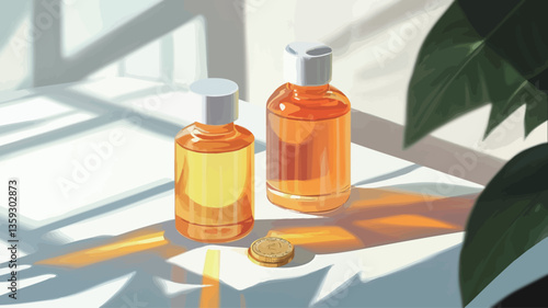 The image shows two amber-colored bottles with white caps sitting on a white surface.  Sunlight streams through a window, casting strong shadows and highlights on the bottles and the surface. A