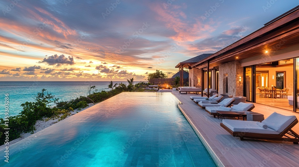 Obraz premium Stunning beach house at sunset, sleek terrace with infinity pool mirroring golden light, turquoise ocean backdrop, cinematic wide-angle framing serene beauty. 