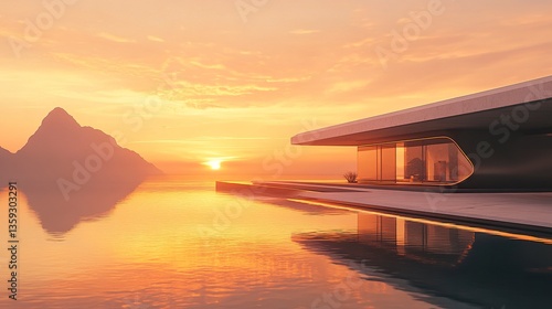 Stunning beach house at sunset, sleek terrace with infinity pool mirroring golden light, turquoise ocean backdrop, cinematic wide-angle framing serene beauty 