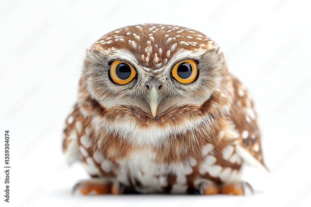 Fototapeta premium A close-up of a charming brown and white spotted owl with striking yellow eyes, showcasing its detailed feathers.