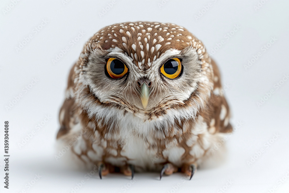 Fototapeta premium A close-up of a cute, brown-spotted owl with striking yellow eyes, showcasing its adorable features and fluffy feathers.