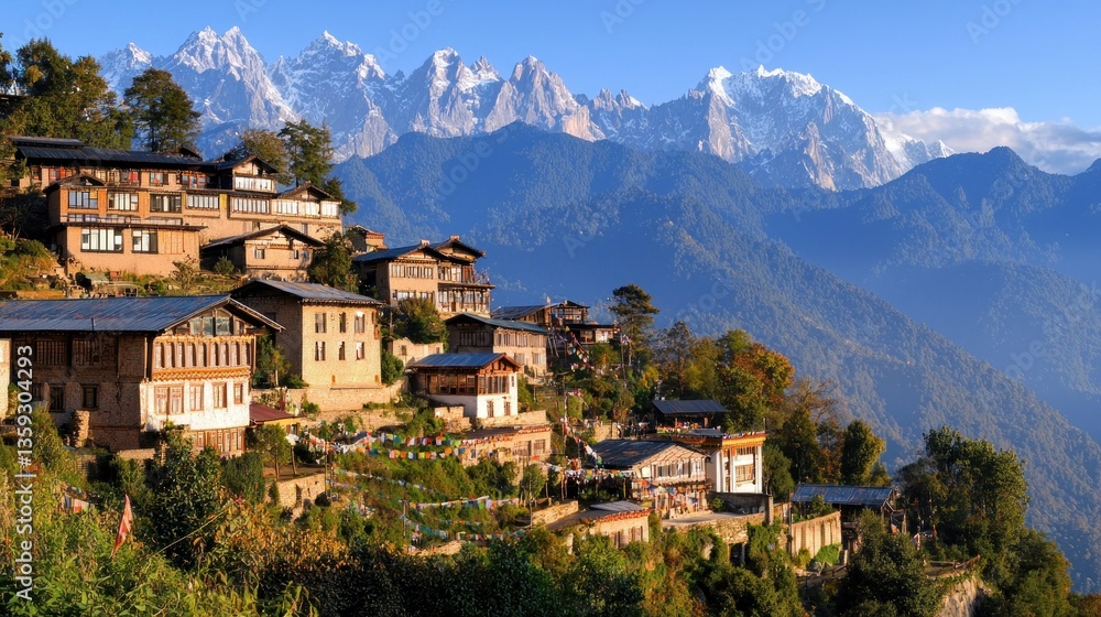 Obraz premium Scenic hillside village with traditional homes and mountain views