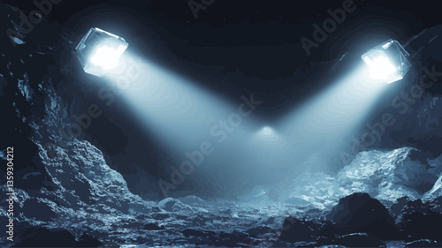 Digital rendering depicting a dark cave interior illuminated by two intense, bright spotlights emanating from either side of the frame.  The light beams converge in the center, creating a V-shape.