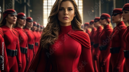 This powerful image features a heroic woman in a red costume standing fiercely at the forefront of a team, exuding confidence and determination amidst a striking backdrop.