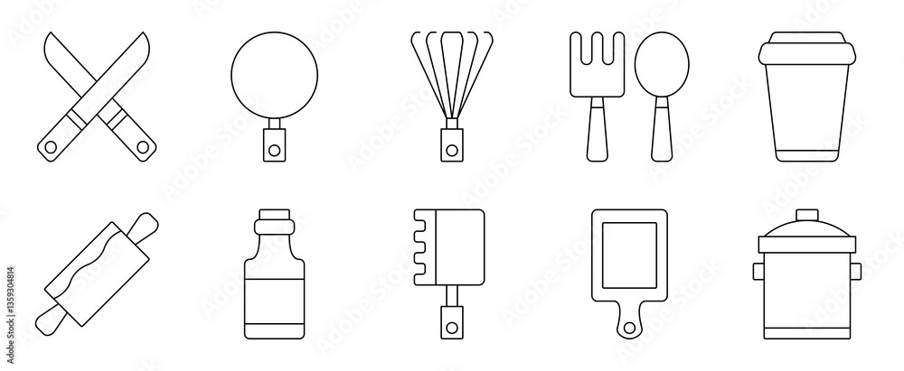 Obraz premium Icons Minimalist Outline of Common Kitchen Tools, Utensils, and Cookware on White Background