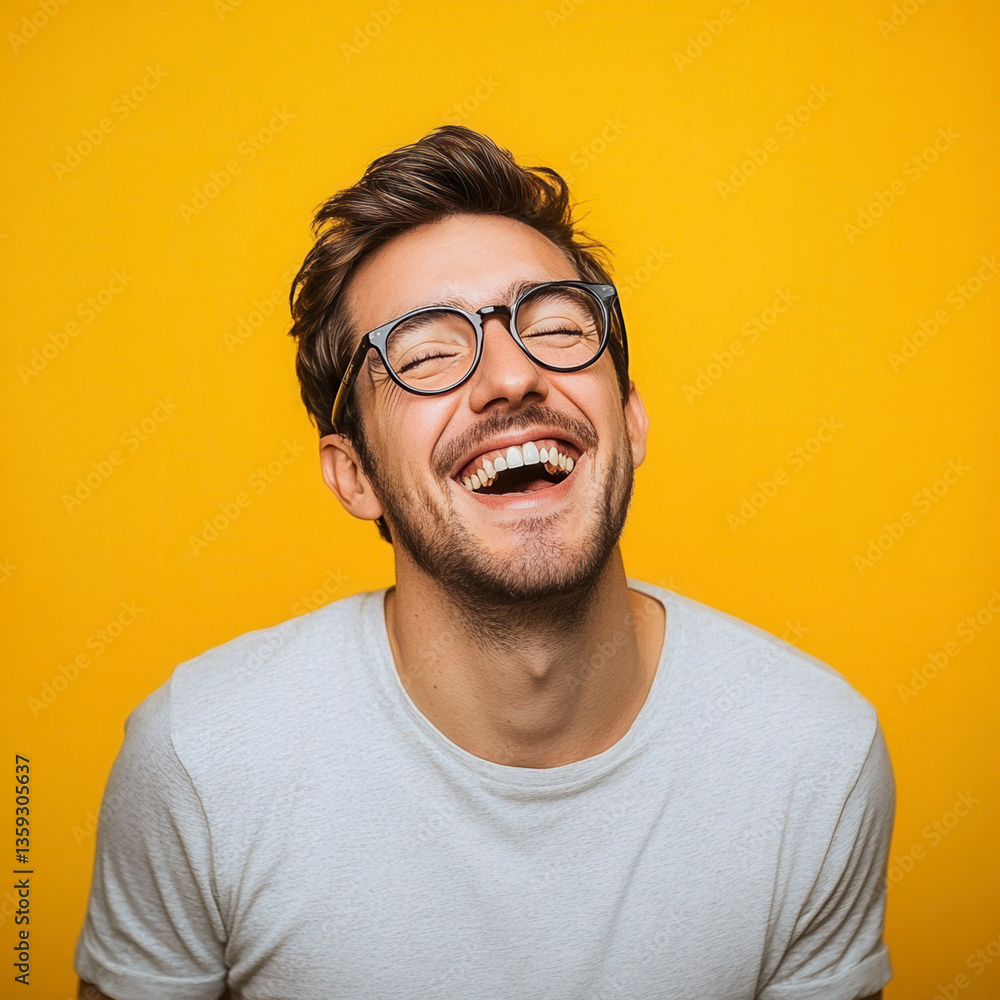 Joyful laughter of a young man studio setting portrait photography vibrant yellow background close-up view happiness concept Joyful laughter of a young man studio setting portrait photography vibrant yellow background close-up view happiness concept