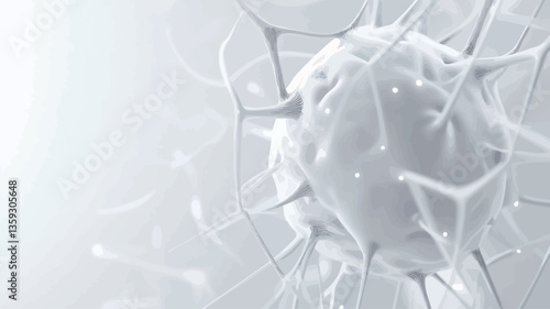 Close-up, abstract view of a three-dimensional cellular structure. The image is predominantly in shades of white and grey, showcasing a central mass with radiating, branching tendrils. The texture