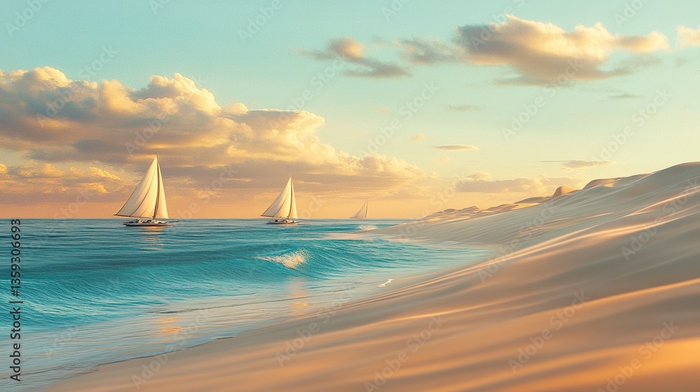 Obraz premium Stunning tropical beach with soft dunes and a turquoise sea, white sails dotting the ocean under pastel skies, warm light highlighting the serene beauty