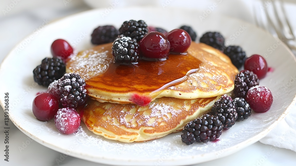 Delicious Fluffy Pancakes with Berries and Syrup Delicious Fluffy Pancakes with Berries and Syrup
