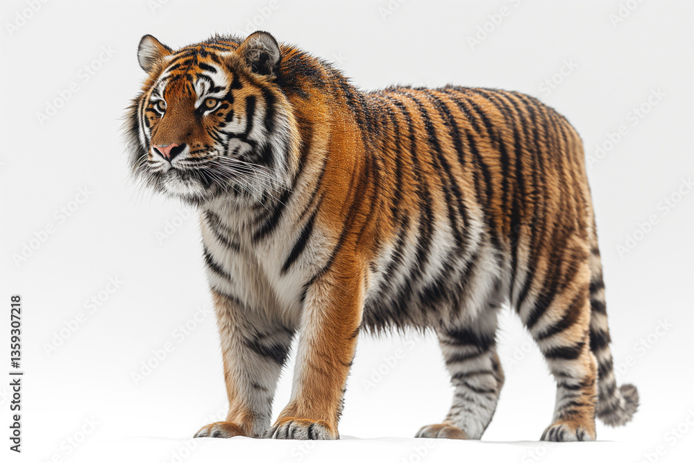 Fototapeta premium A majestic Bengal tiger stands confidently with its striking orange and black stripes against a plain background.