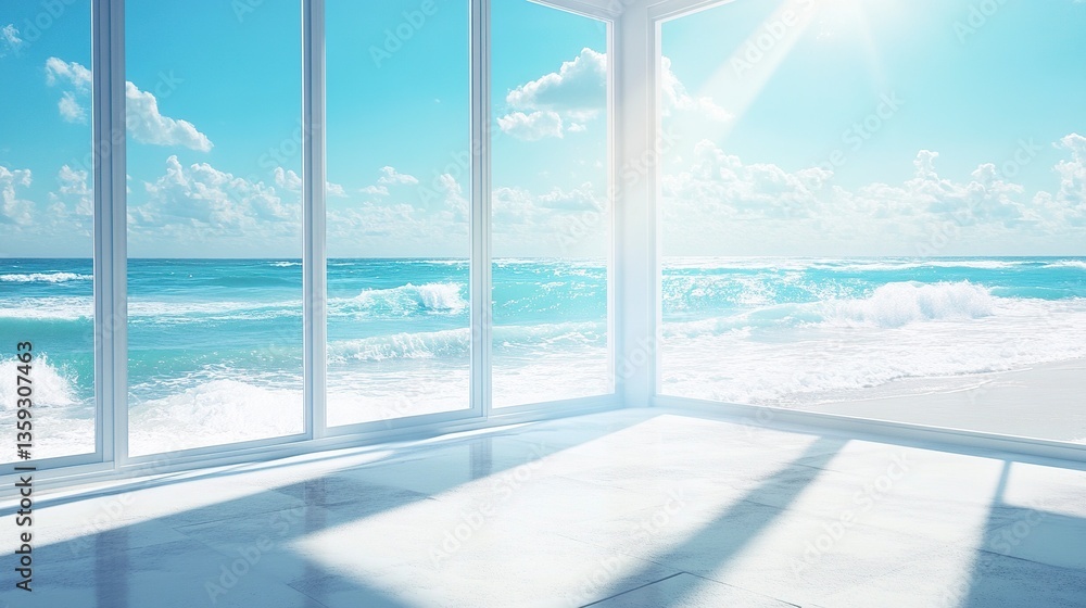Fototapeta premium Stylish beach house with expansive windows, white sandy beach leading to crashing waves, ocean breeze and vibrant blue water, warm sunlight creating a serene ambiance. 