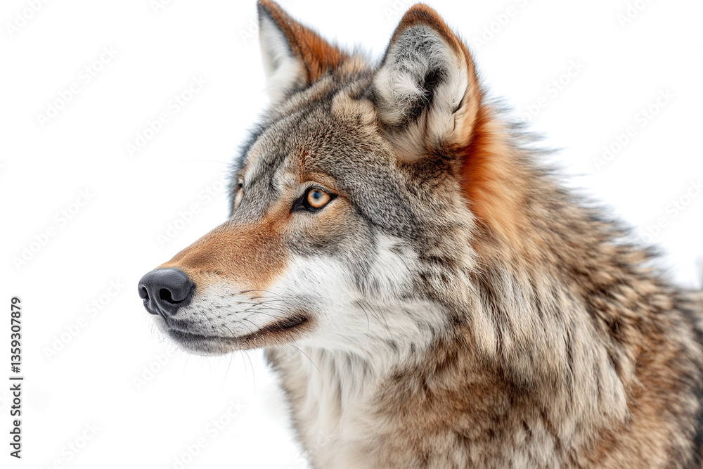 Fototapeta premium Close-up of a majestic gray wolf with striking amber eyes against a soft white background.