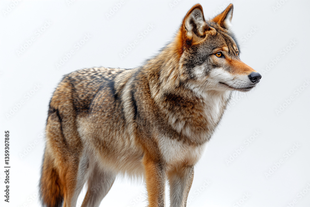 Fototapeta premium A majestic wolf stands alert, showcasing its thick, beautiful fur and keen eyes against a neutral background.