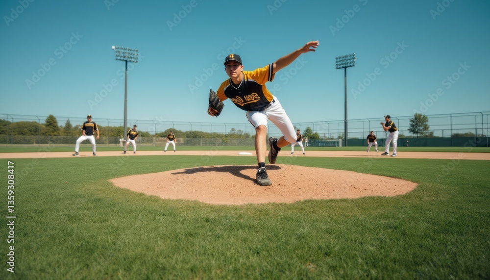 A focused young male pitcher, wearing a vibrant yellow and black jersey, delivers a powerful throw from the pitchers mound under a clear blue sky. The scene captures the intensity of the game A focused young male pitcher, wearing a vibrant yellow and black jersey, delivers a powerful throw from the pitchers mound under a clear blue sky. The scene captures the intensity of the game