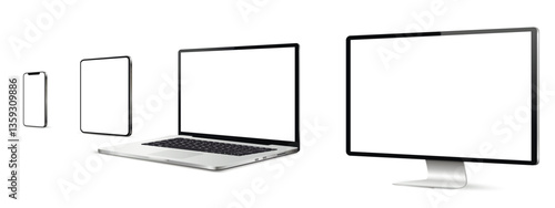 Set of computer monitor, laptop, tablet pc, smartphone mockup