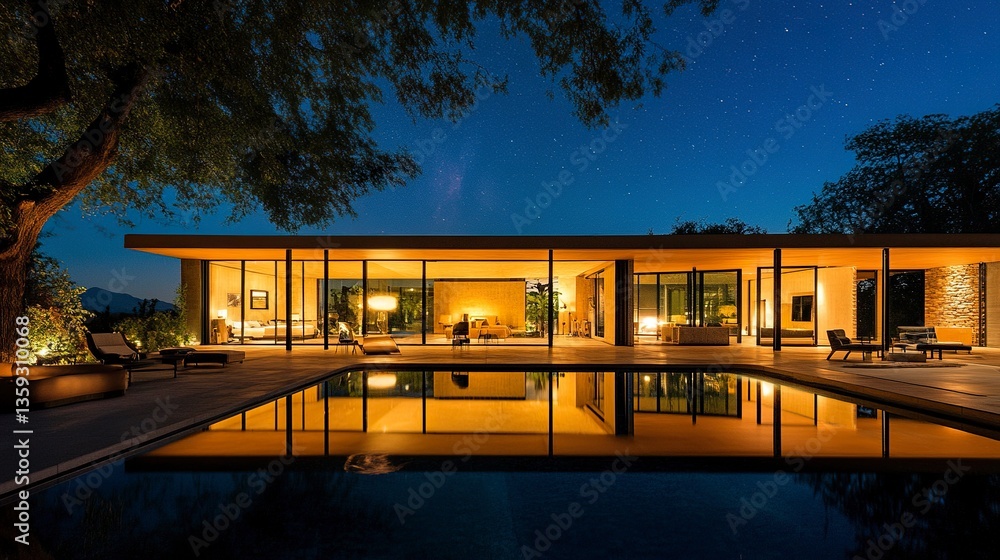 Fototapeta premium Stylish villa with expansive glass walls, glowing living room overlooking serene pool, modern design elements, starry night backdrop 