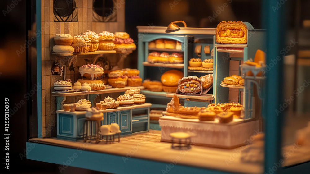 Obraz premium Bakery showcase cozy shop miniature display warm atmosphere close-up artisan pastries and breads