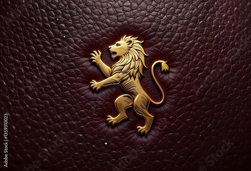 Golden lion emblem on textured leather background with elegant design.