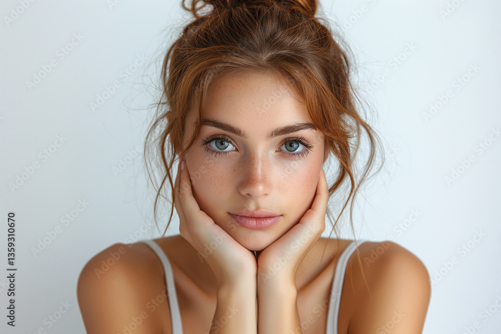 Naklejka premium A serene young Caucasian woman with long brown hair, gazing intently at the camera with a calm expression.