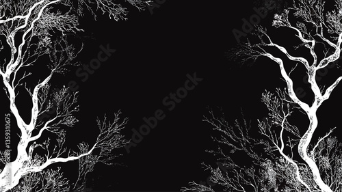 The image is a digital illustration or graphic featuring two stylized white trees on a solid black background.  The trees are depicted with thin, detailed branches, creating a delicate yet stark