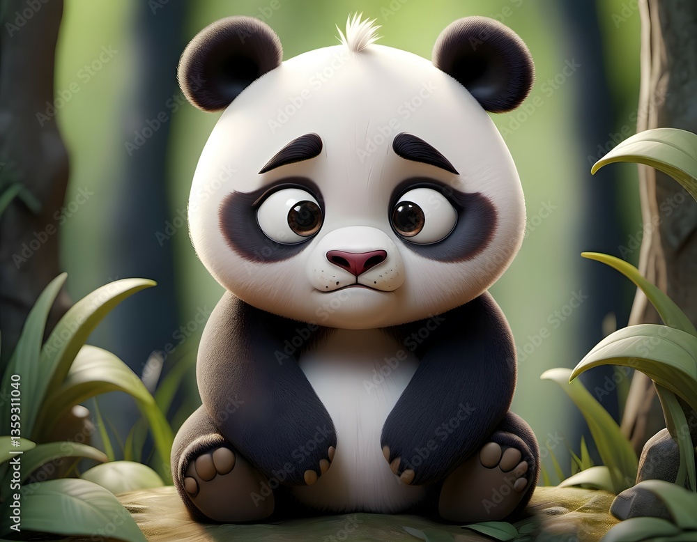 Obraz premium A cute, anthropomorphic panda cub sits on a rock in a lush, jungle setting with green leaves and trees.