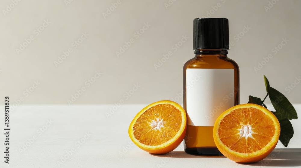 Amber glass bottle filled with serum placed beside halved oranges on a light grey background. High-resolution capture highlights the product's clarity and detail under soft shadows Amber glass bottle filled with serum placed beside halved oranges on a light grey background. High-resolution capture highlights the product's clarity and detail under soft shadows