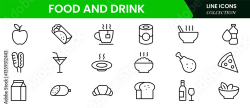 Food and drink web icons in line style. Meal, restaurant, dishes, fruits, fastfood, burger, pizza, coffee, sandwich, collection. Vector illustration.