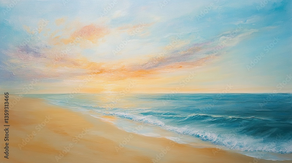 Obraz premium Tranquil coastal scene with calm waters, golden sand stretching to the horizon, soft pastel sunset hues blending into azure sky 