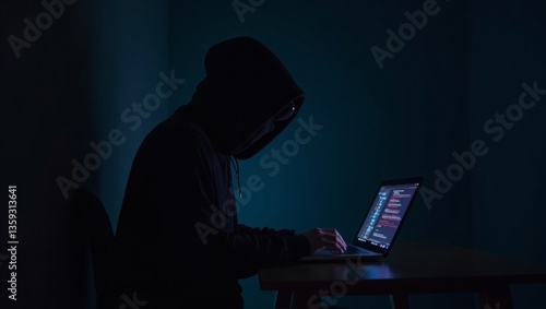 a hooded person is secretly coding in the dark using a laptop