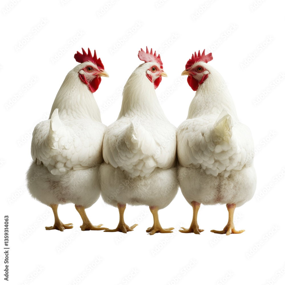Fototapeta premium Trio of charming white chickens roaming freely in a lush green environment under bright natural light white isolate background