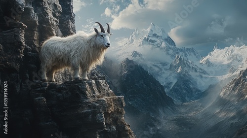 A magnificent mountain goat stands on a rocky mountain cliff face