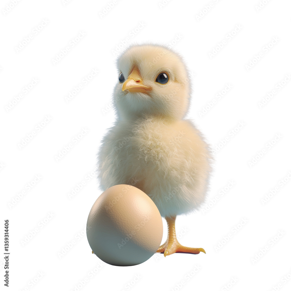 Obraz premium Small white chicken curiously observing a fresh egg in a bright and cheerful farmyard setting filled with life white isolate background