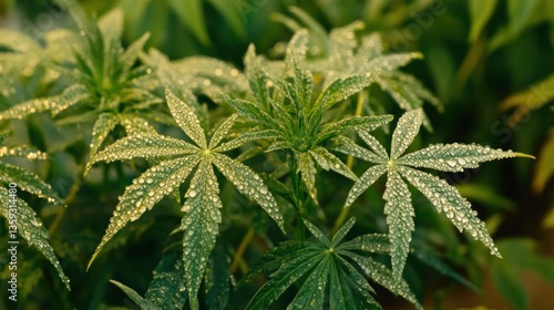 Green leaves with water droplets in a close up view