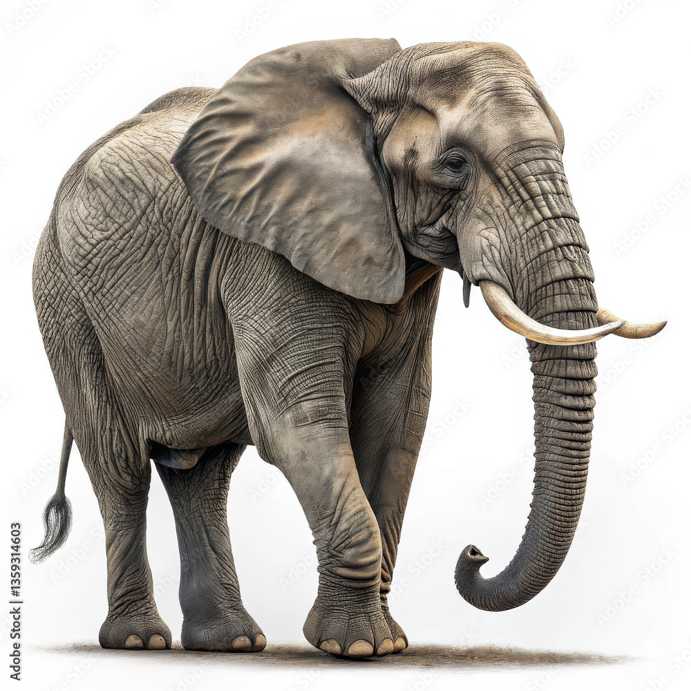 Obraz premium A realistic depiction of an African elephant walking, showcasing its large, gray body with deep wrinkles and a prominent trunk. The elephant has large ears, distinct tusks, and is standing