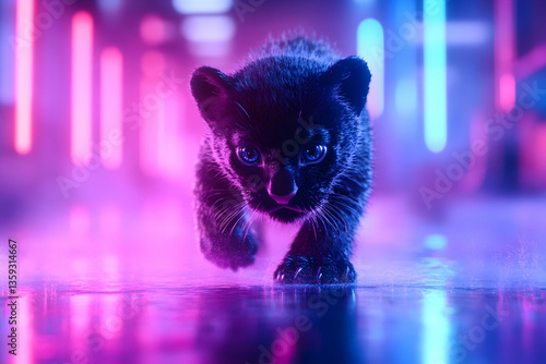 Neon Panther Cub in Futuristic Space