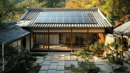 A traditional home with solar panels on a tiled roof