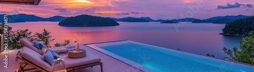 An inviting infinity pool overlooks a tranquil lake during sunset views