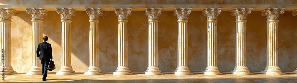 Obraz premium A businessman walks toward columns in a grand classical building