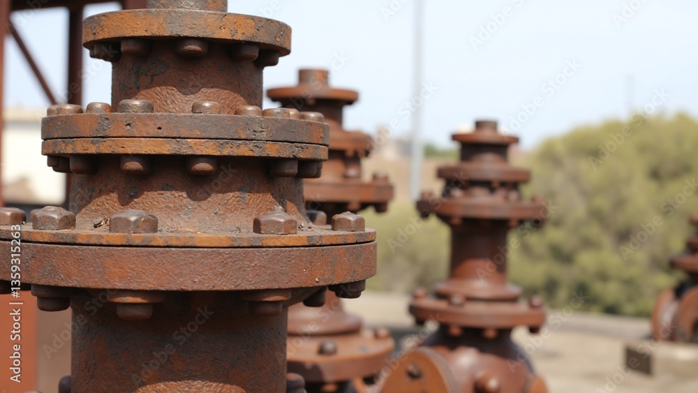 Close-Up of Rusty Industrial Valve with Nuts and Bolts on Weathered Metal Machinery in Outdoor Setting Close-Up of Rusty Industrial Valve with Nuts and Bolts on Weathered Metal Machinery in Outdoor Setting