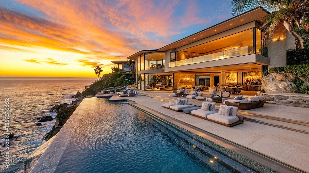 Obraz premium Ultra-modern beachfront estate, open terrace with uninterrupted ocean view, plush furniture in warm tones, golden light of sunset 