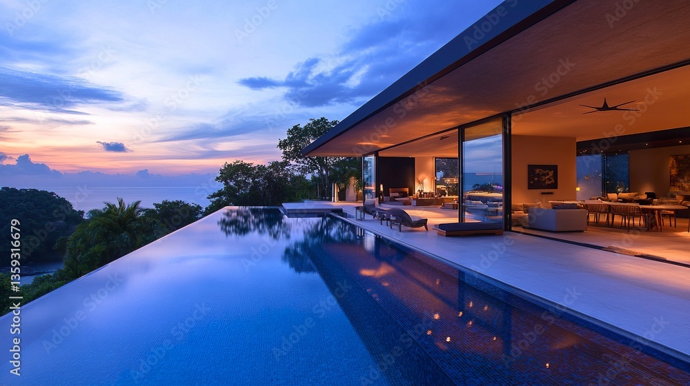 Obraz premium Ultra-modern villa with infinity pool merging with the horizon, glass walls revealing open living spaces, twilight tones reflecting on water 
