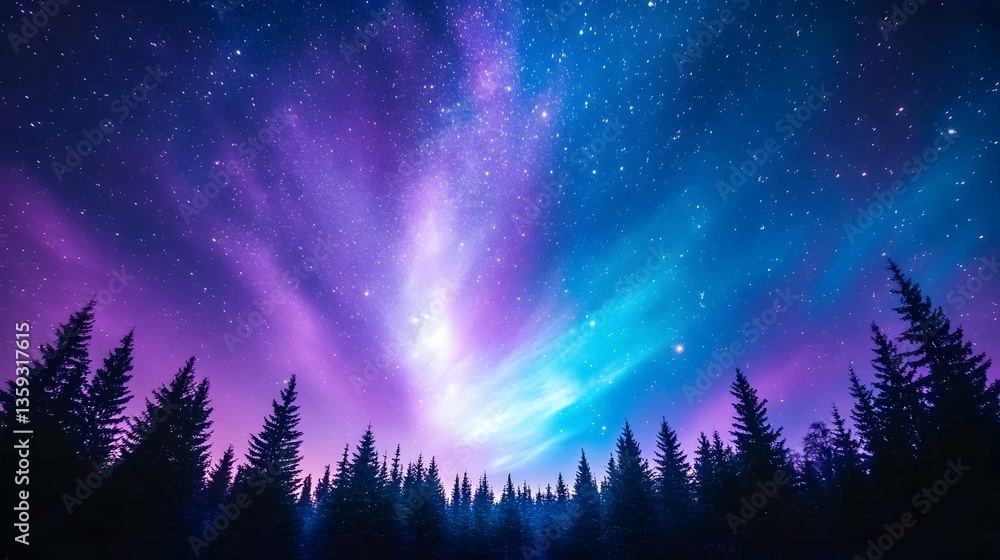 Fototapeta premium Night sky aurora forest