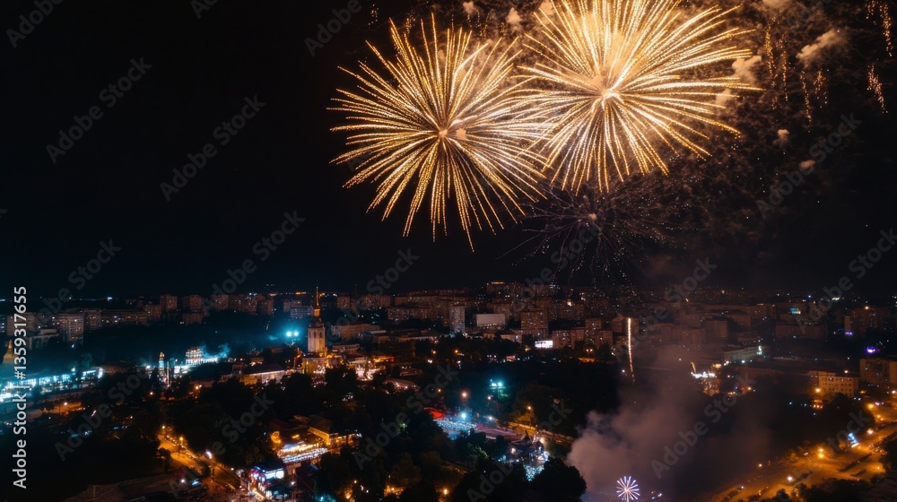 Obraz premium New year's eve celebration city skyline fireworks display nighttime festival aerial view festive atmosphere for memorable moments
