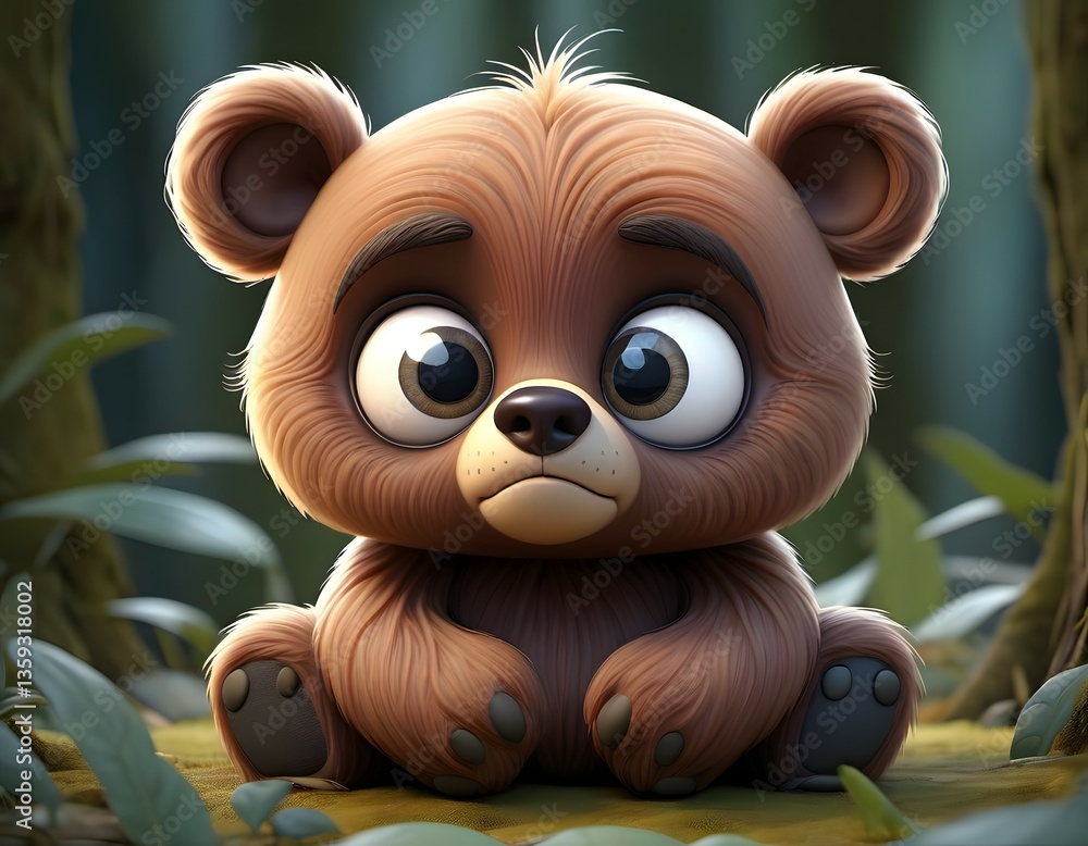 Obraz premium A cute, cartoonish bear cub sits on a lush, green forest floor, surrounded by foliage and trees.