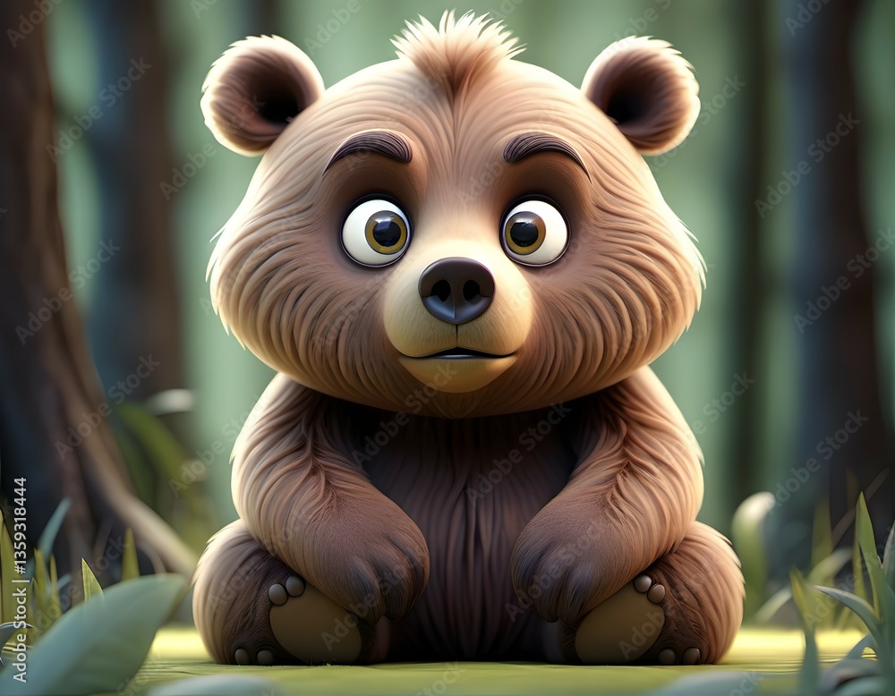 Fototapeta premium A whimsical, cartoonish bear sits in a forest with wide eyes and fur textured to represent softness.