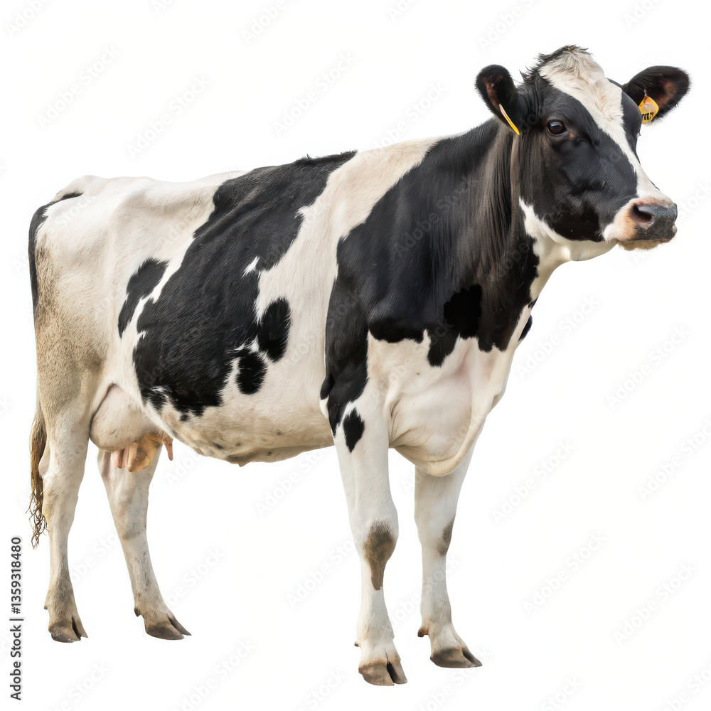 A black and white Holstein cow stands against a white background. The cow has distinct black patches on its white body and a visible udder. It has medium-sized ears with a yellow ear tag, and its head A black and white Holstein cow stands against a white background. The cow has distinct black patches on its white body and a visible udder. It has medium-sized ears with a yellow ear tag, and its head