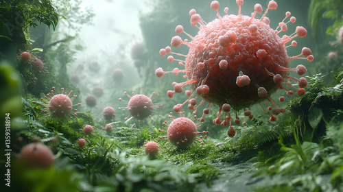 Fototapeta Naklejka Na Ścianę i Meble -  Microscopic Menace in a Green Realm: Envision a photorealistic depiction of the virus, rendered in vivid detail, seemingly adrift in a lush, emerald jungle environment, shrouded in a mist. 