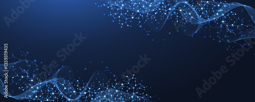 Molecular abstract structure and genetic engineering DNA. Healthcare and medicine background concept. Scientific research background. Wave flow. Innovation pattern, illustration.